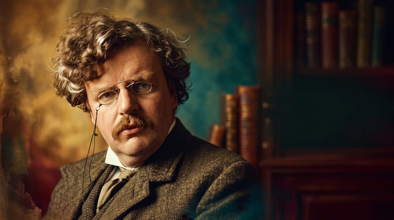 Artistic illustration inspired by G. K. Chesterton in a library setting